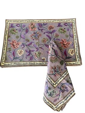 VTG Handprint Floral Placemats & Napkins Set of 6 100% Cotton Made In India
